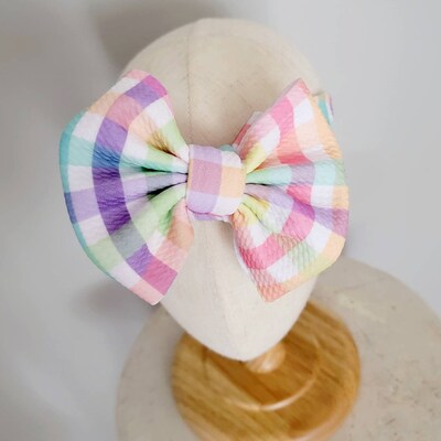 Pastel Check Plaid Knit Hair Bow - Headwrap - Clip - Pigtail Bows - Headband - Peach - Easter - Rainbow - Spring - Birthday - Purple - Small - image4
